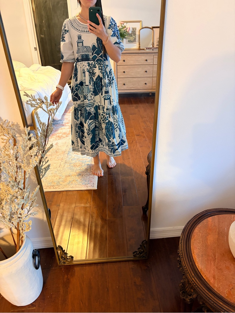 FARM Rio Blue and White Printed Tiered Midi Dress